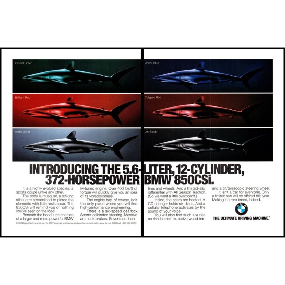 1994 BMW 850CSi Luxury Sports Coupe 2 Page Vintage Print Ad Sharks Wall Art